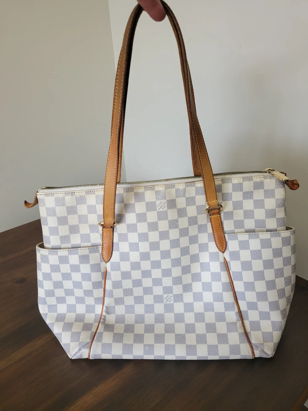 Louis Vuitton Gray & White Checkered Canvas Tote with Tan Leather Trim - Picture 1 of 15